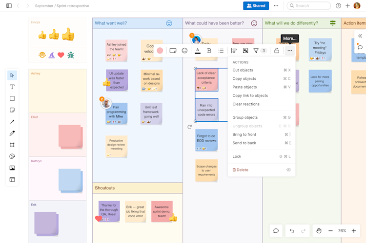 multiple sticky notes selected on a whiteboard with the bulk editing menu open