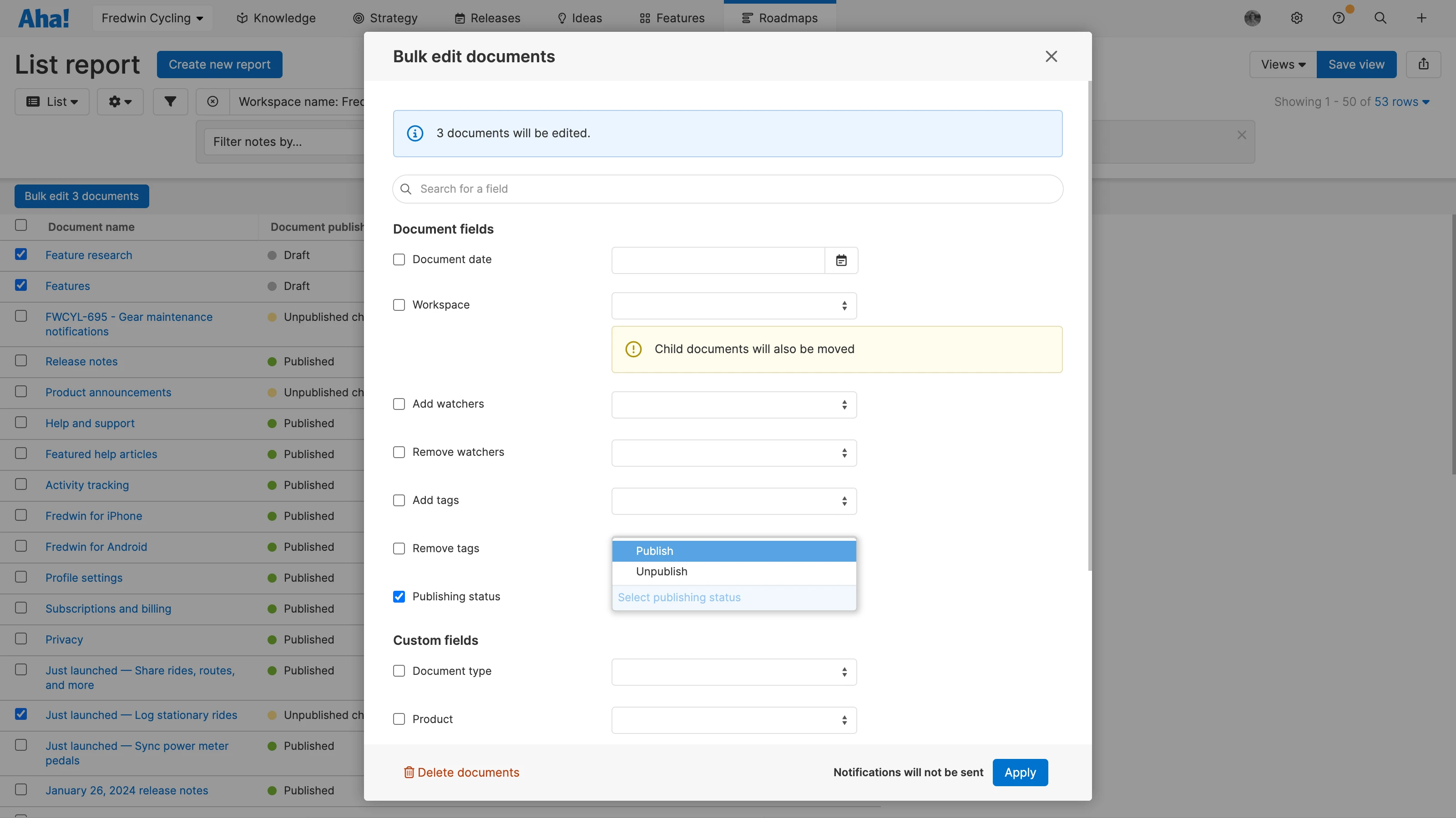 The bulk editing window open on a list report of documents. The publishing status checkbox is selected the publish is selected