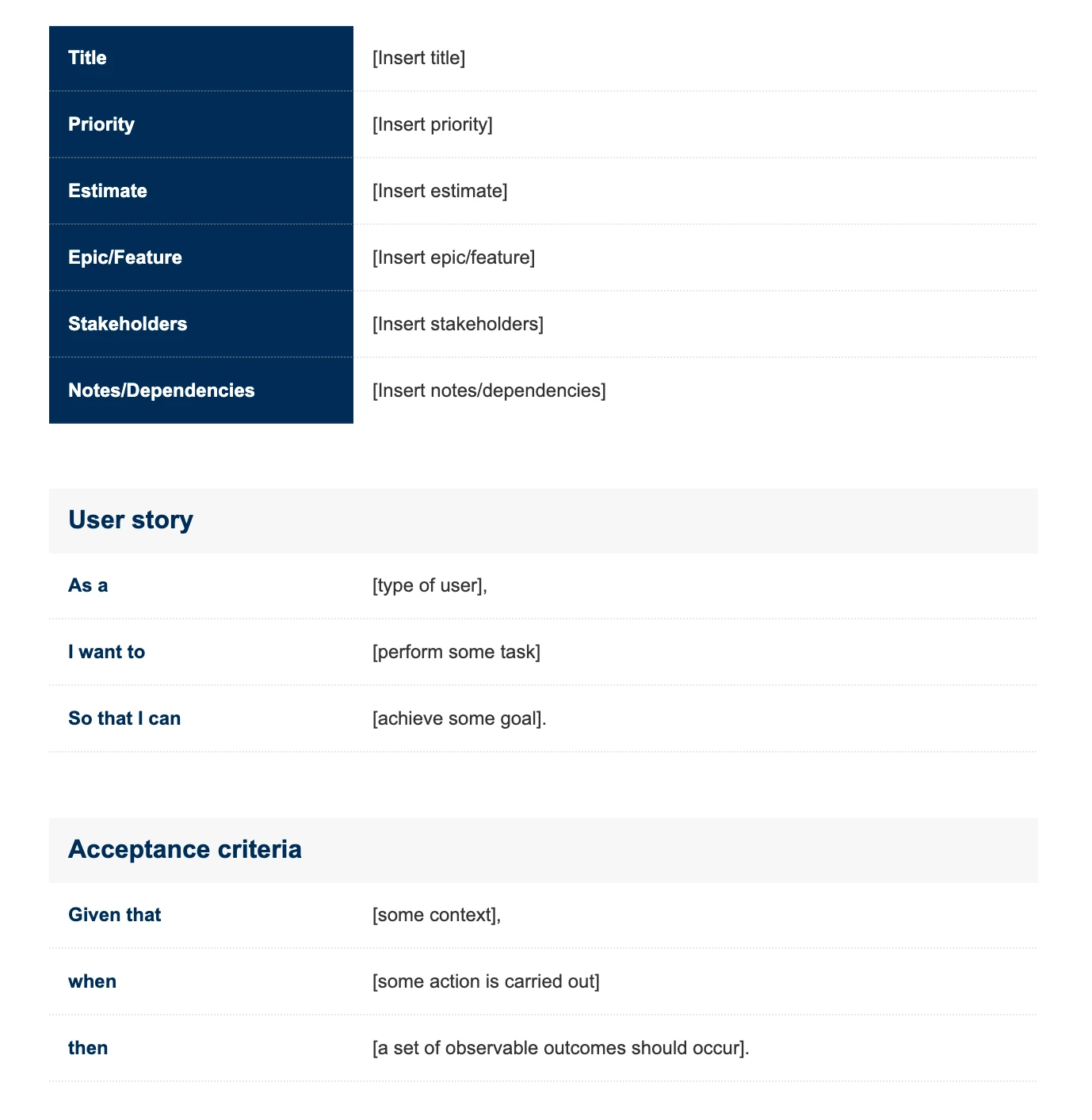 Simple user story template Word