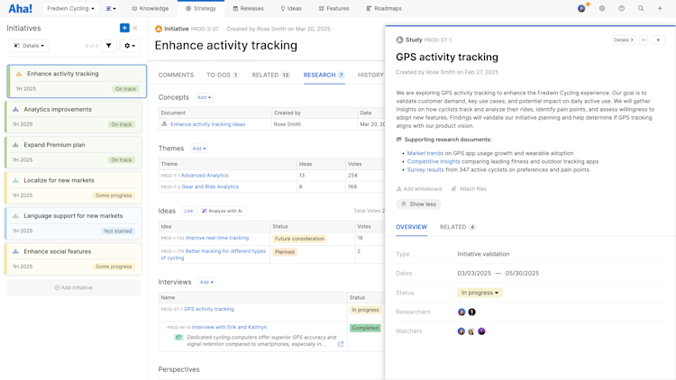 Initiative in Aha! Roadmaps with linked studies and interviews from Aha! Discovery