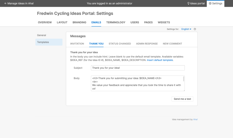 Email templates in ideas portal settings