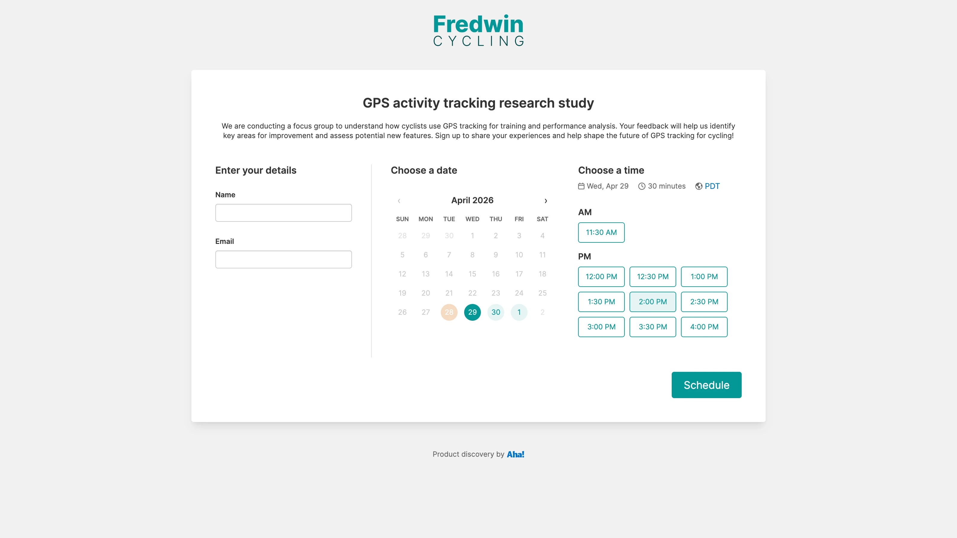 Customized scheduling page in Aha! Discovery.