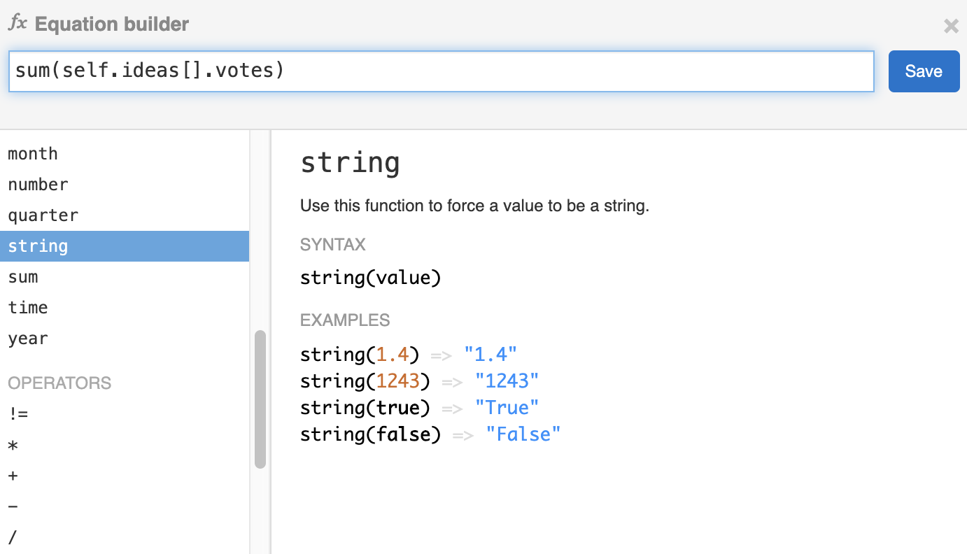 The equation builder modal showing an equation that sums the votes on an idea.