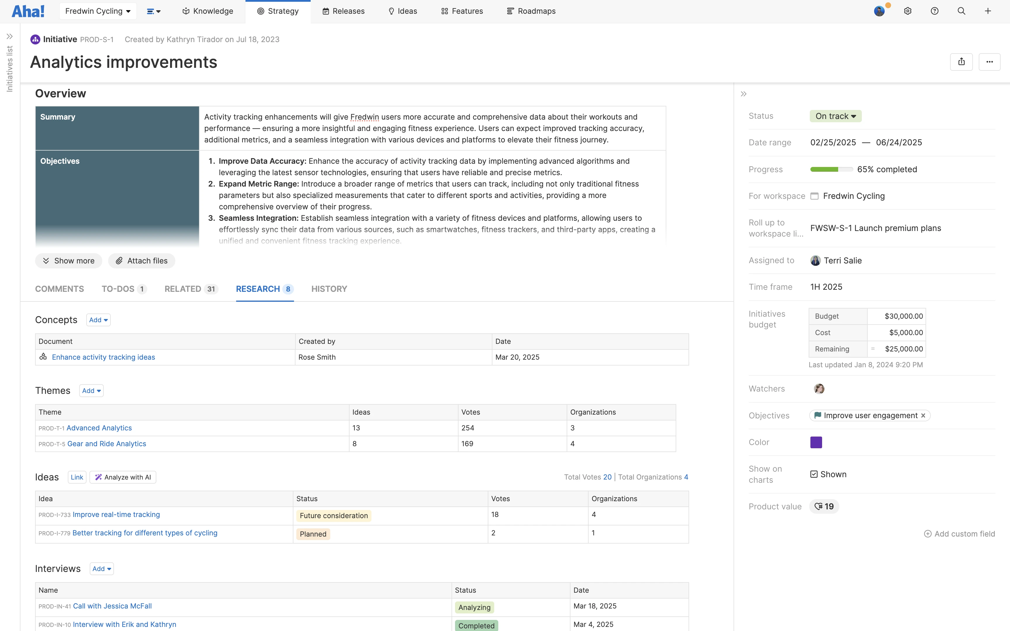 An initiative created in Aha! software that covers analytics improvements. The Research tab is open, showing studies it is connected to.