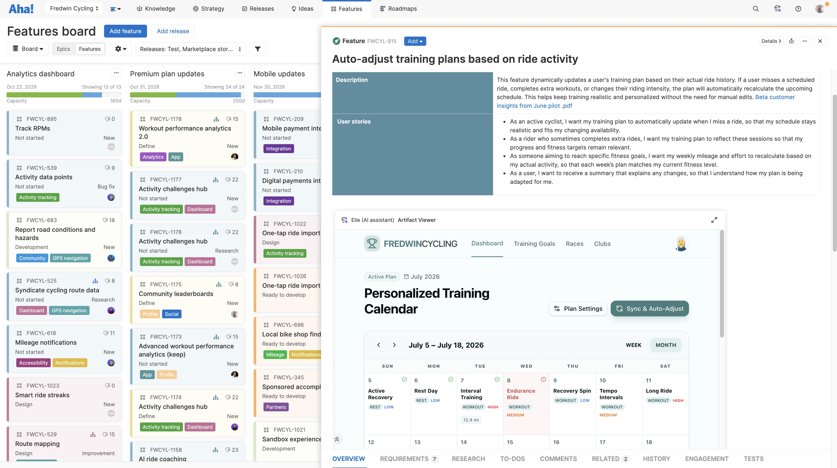 A feature's details open in Aha! Roadmaps on a features board