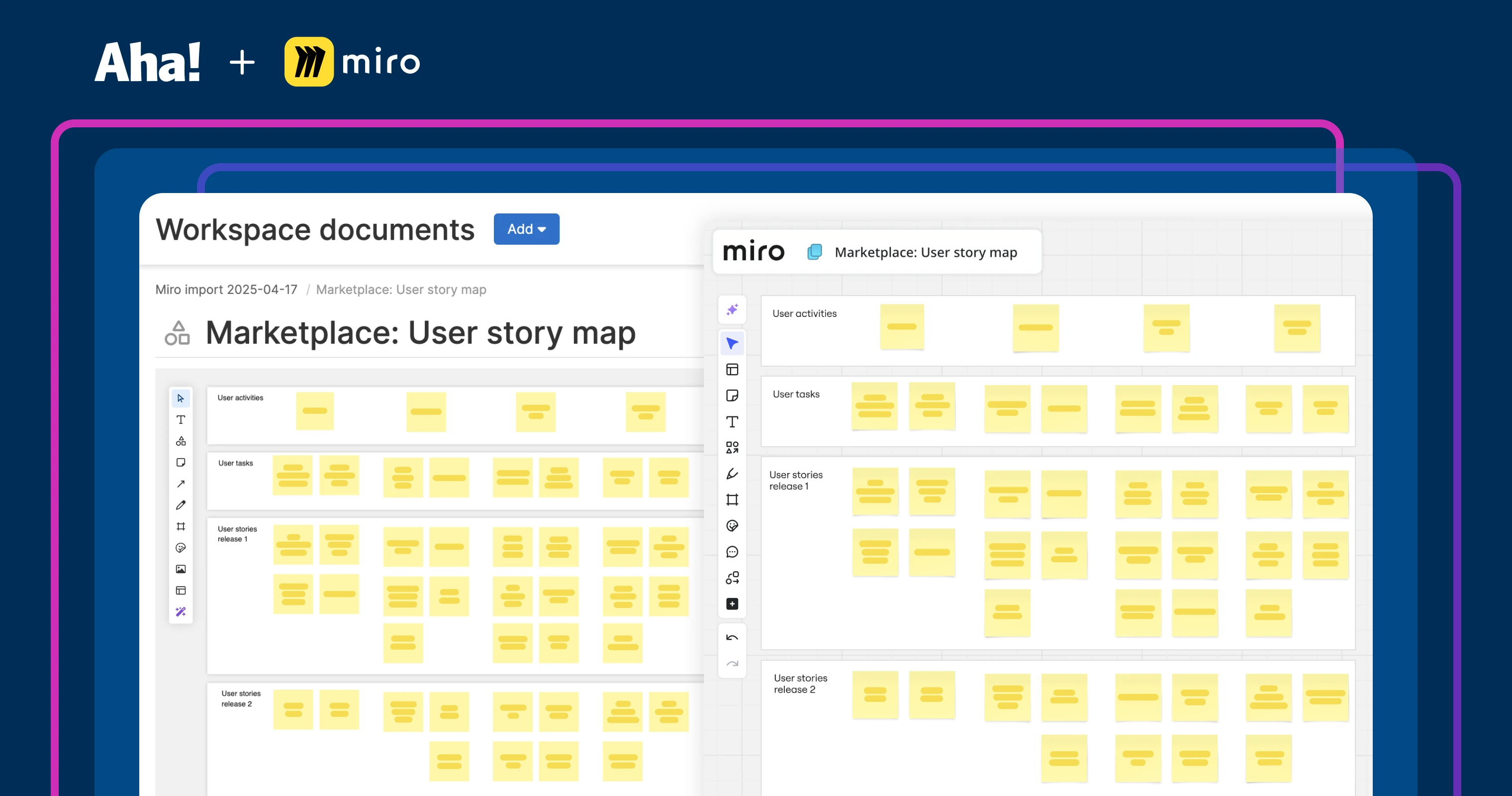 A thumbnail that says "Aha! + Miro" and shows a whiteboard. The whiteboard shows a lot of yellow sticky notes. The whiteboard is titled "Marketplace: User story map"