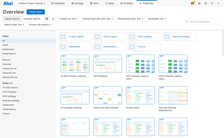 The reports, dashboards, and presentations library in a project workspace.