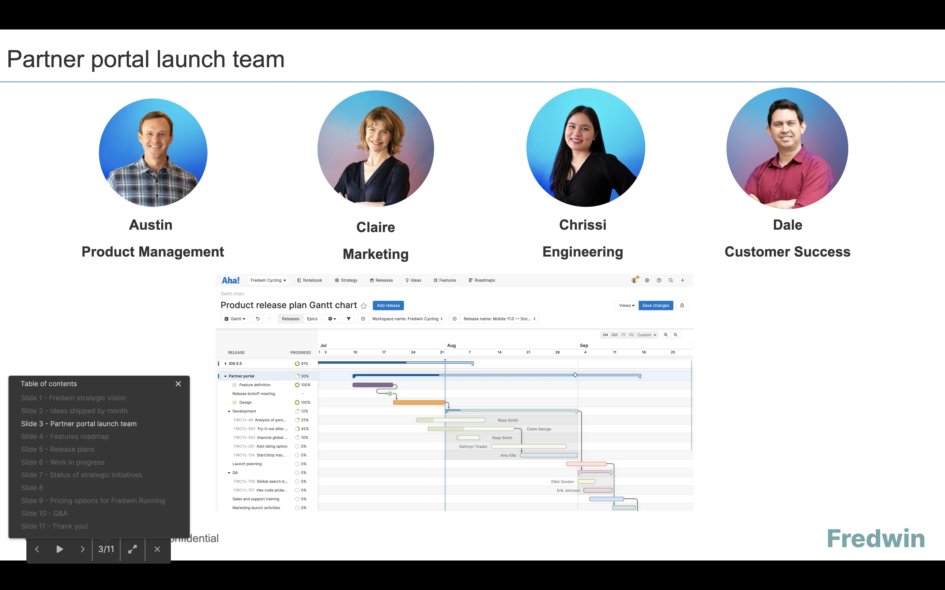 A presentation slide in Aha! showing a partner portal launch team