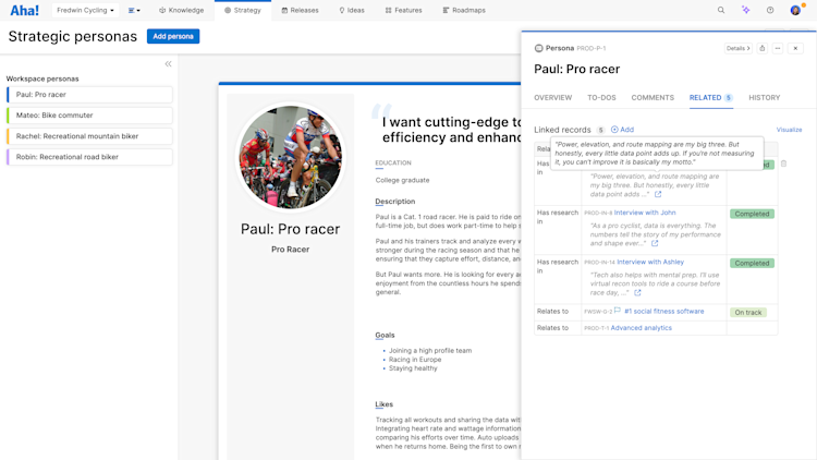 Use the AI assistant in Aha! to help craft the persona itself, then enrich it with connected customer insights.