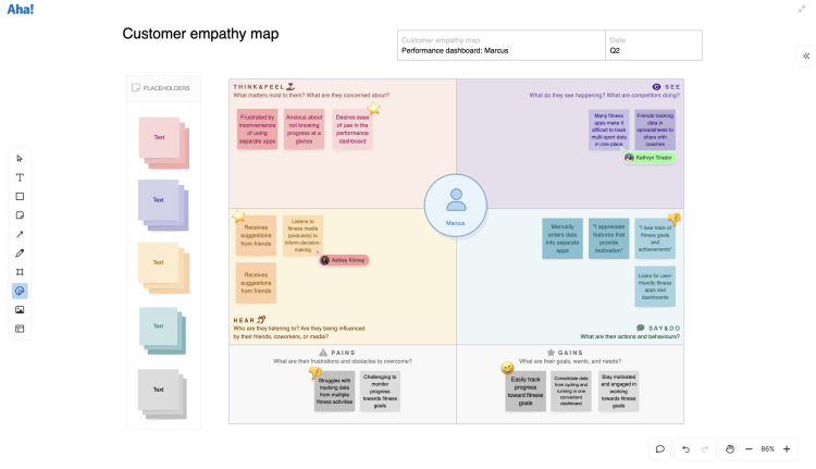 Product team collaborates on a customer empathy map on a whiteboard.