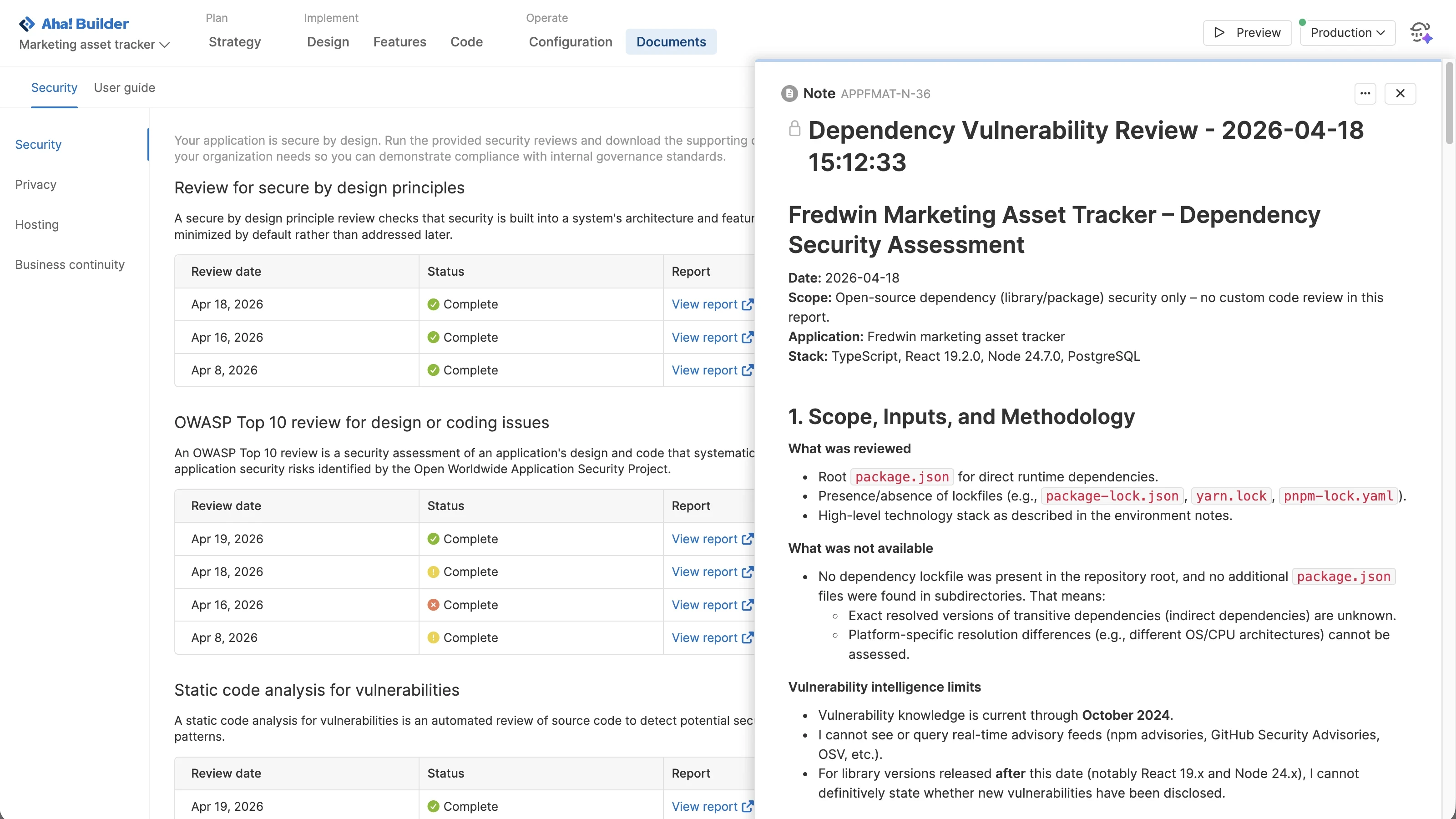 A security review note in Aha! Builder