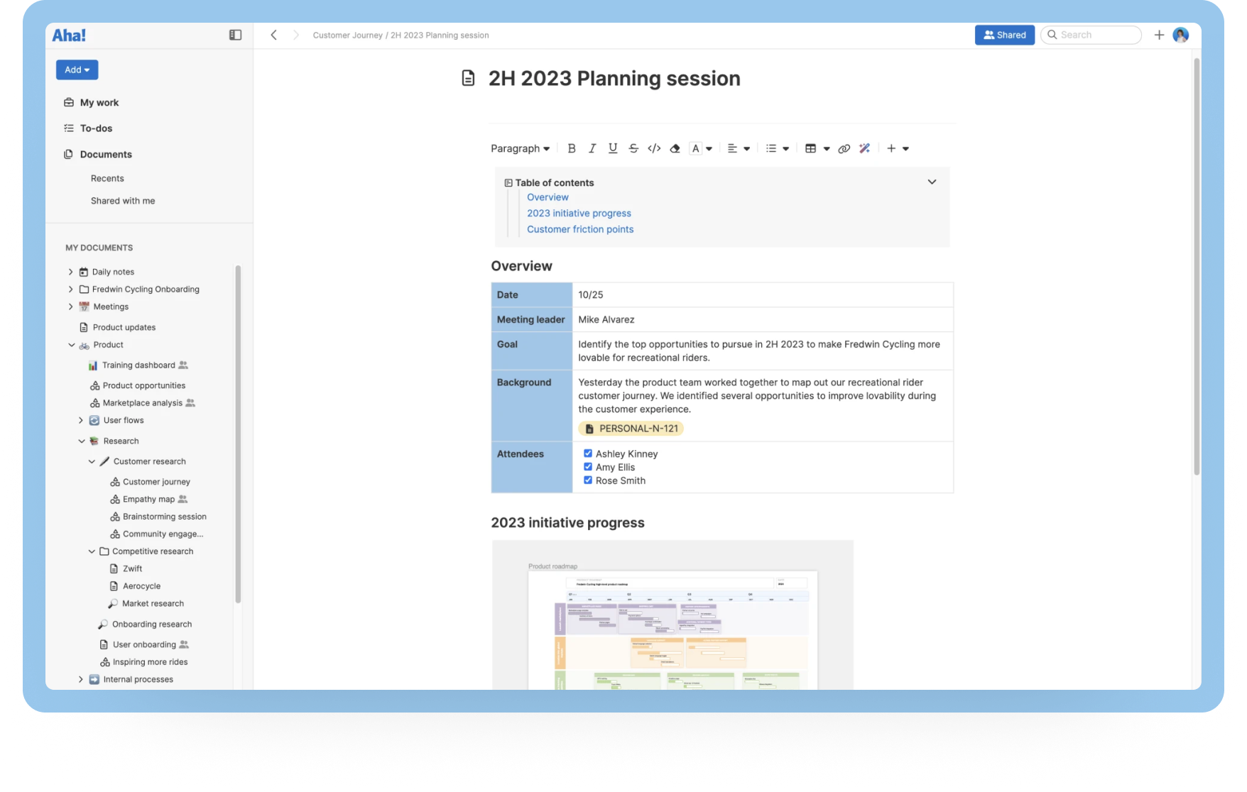 Document a meeting agenda and share it with the team