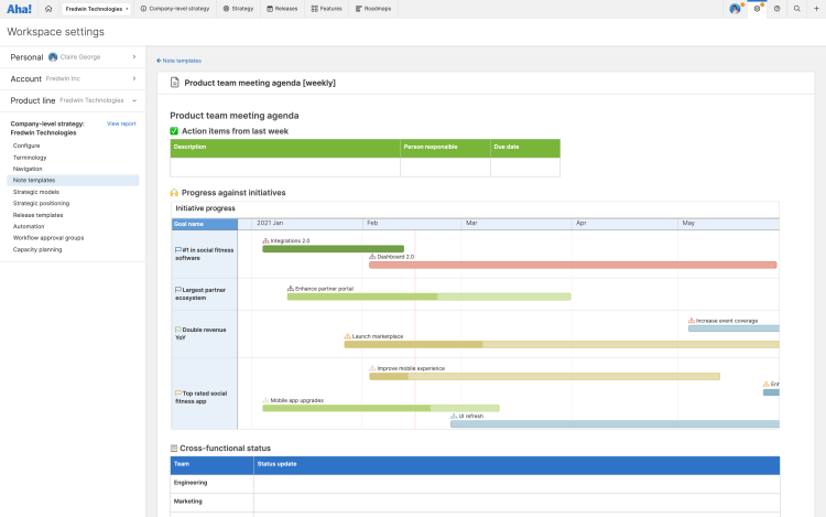 The workspace settings page where you create custom note templates