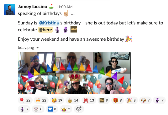 Celebrating an Aha! birthday with no less than 15 different emojis and gifs | Photo by Aha!