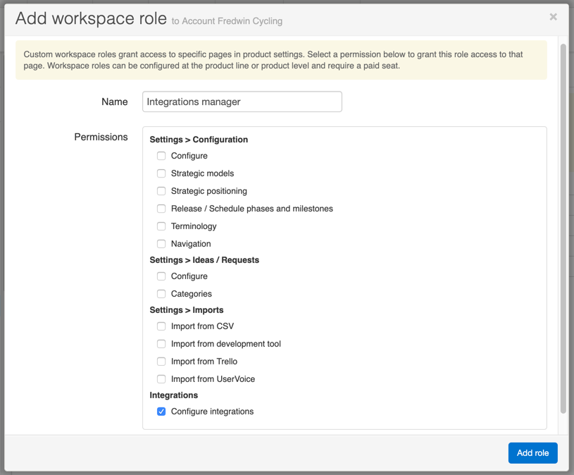 Add workspace role modal showing custom role customizations.