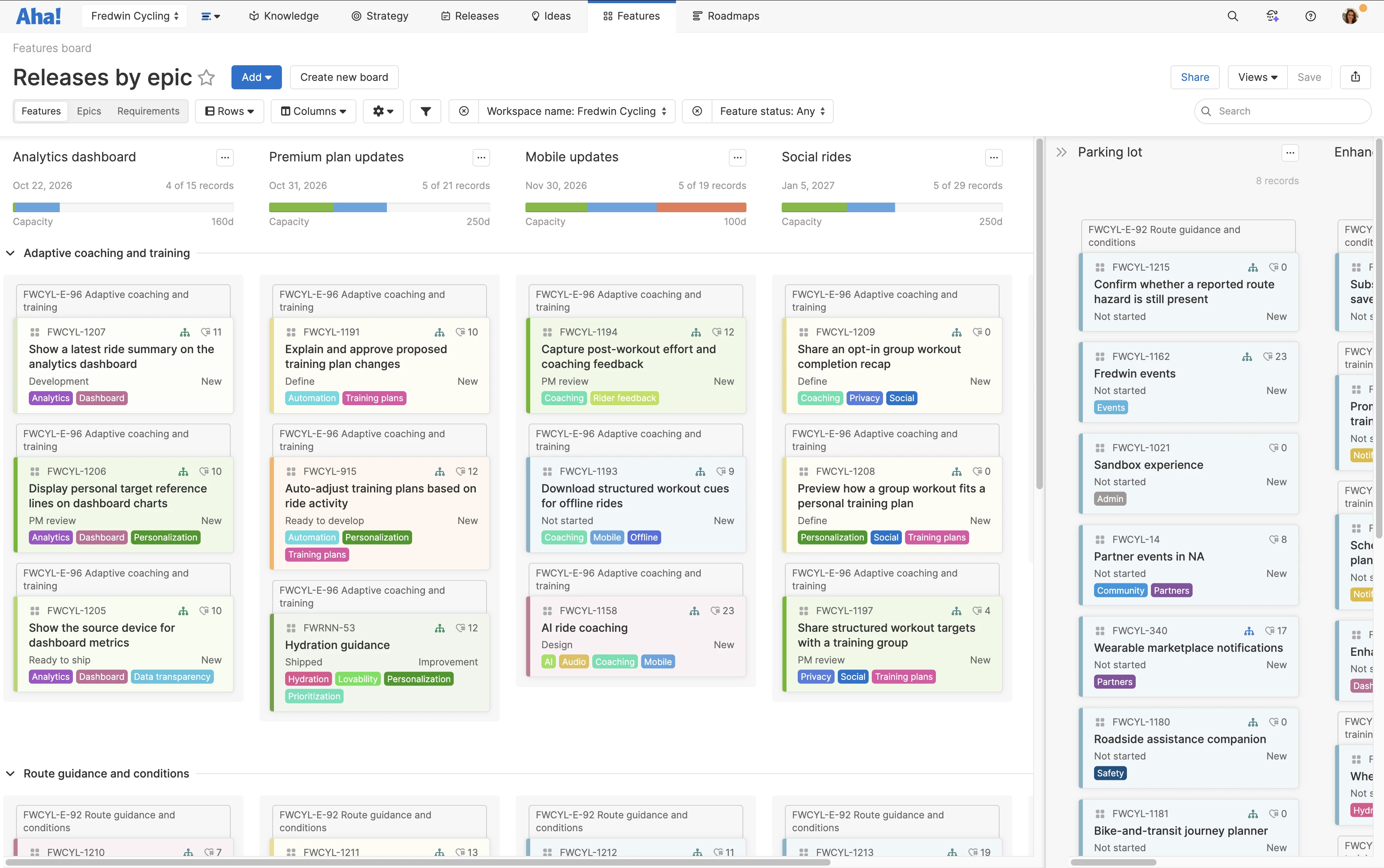 The features board with parking lots in Aha! Roadmaps