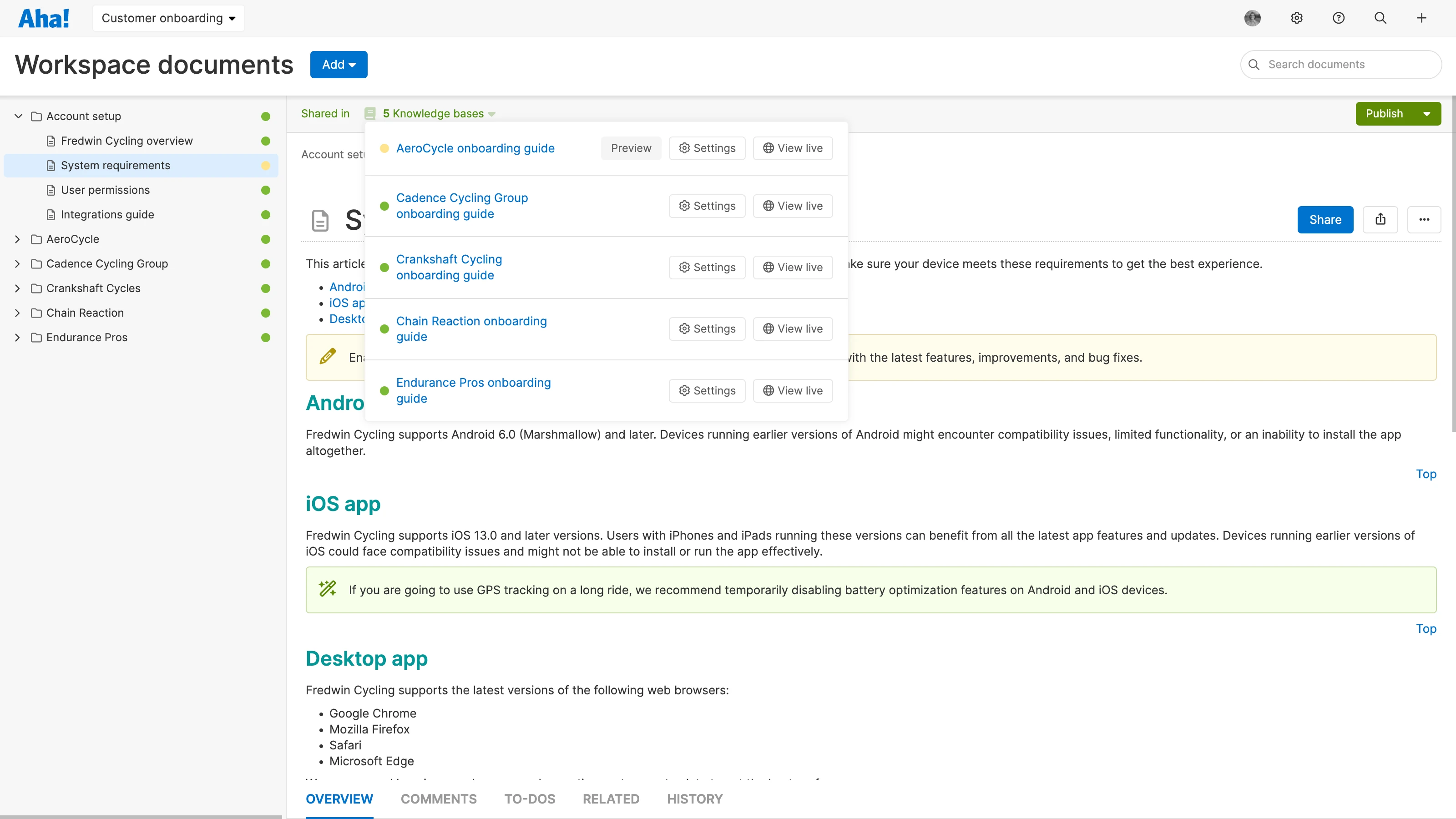 a workspace document showing that it is included in 5 knowledge bases