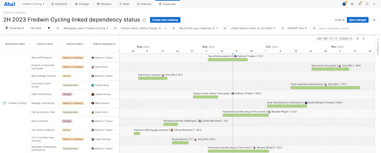 Custom roadmap showing linked dependencies