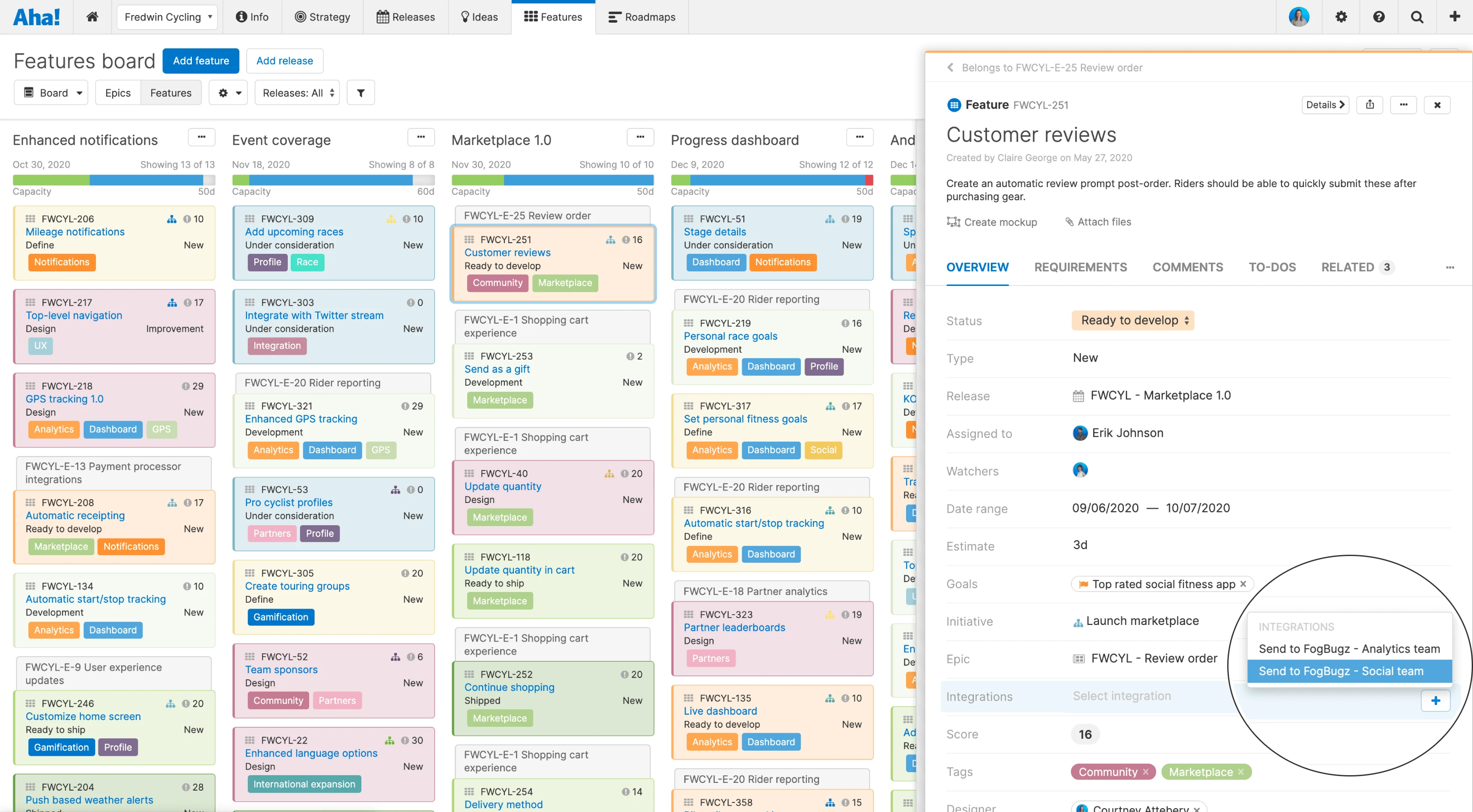 Send features from Aha! to FogBugz individually or in bulk.