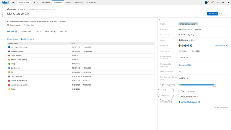 Release details view with highlight on linked goals and initiatives.