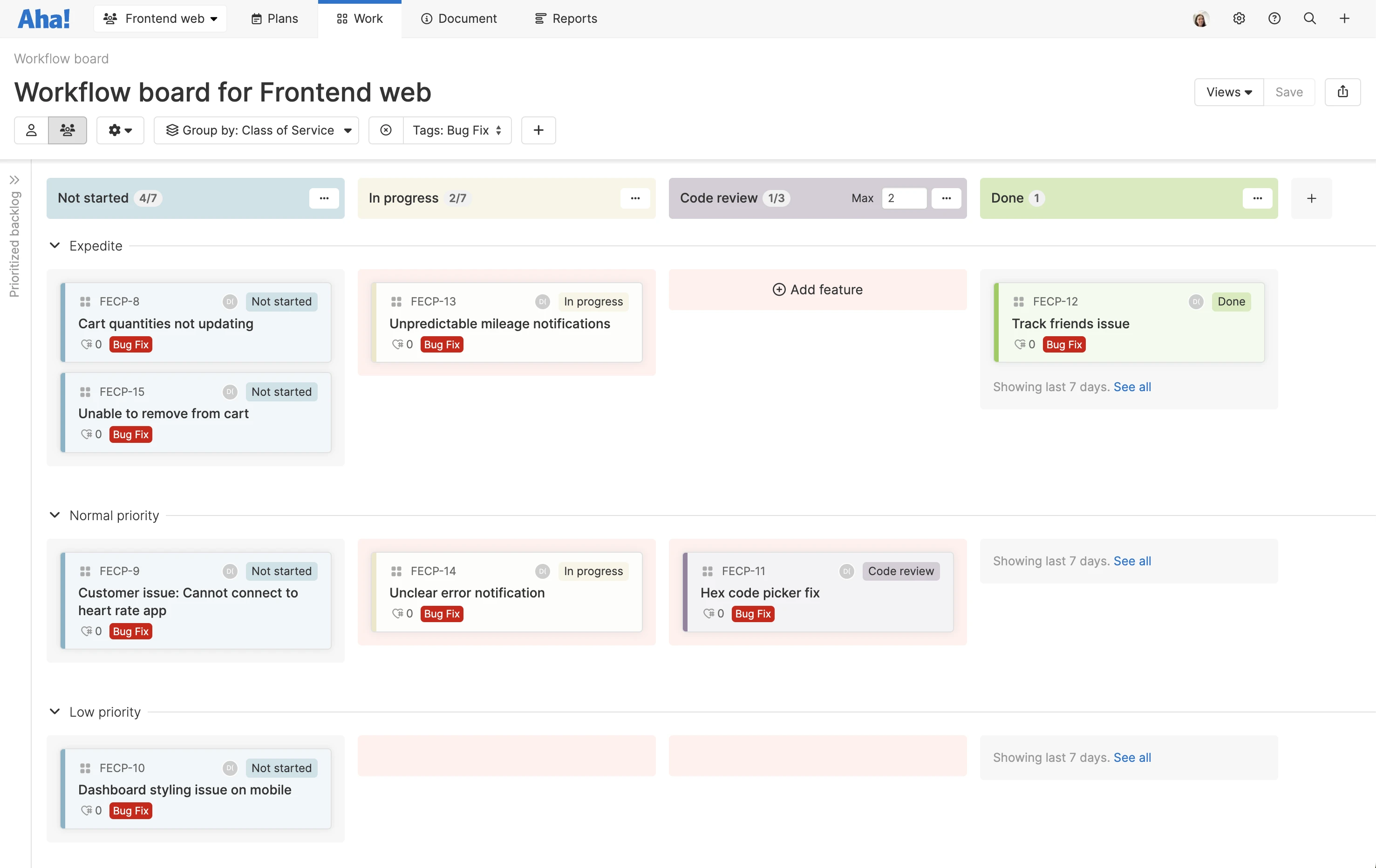 A kanban-style workflow board in Aha! Develop for a frontend web team