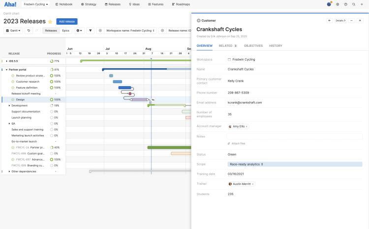 Custom table record drawer open in front of the Gantt chart.