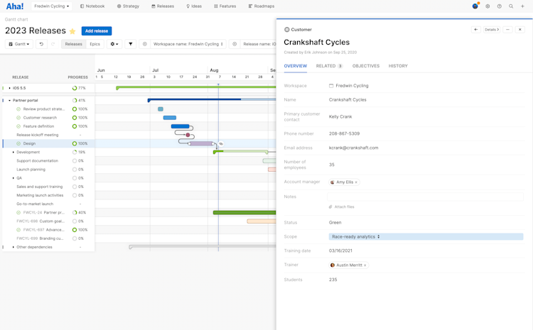 Custom table record drawer open in front of the Gantt chart.