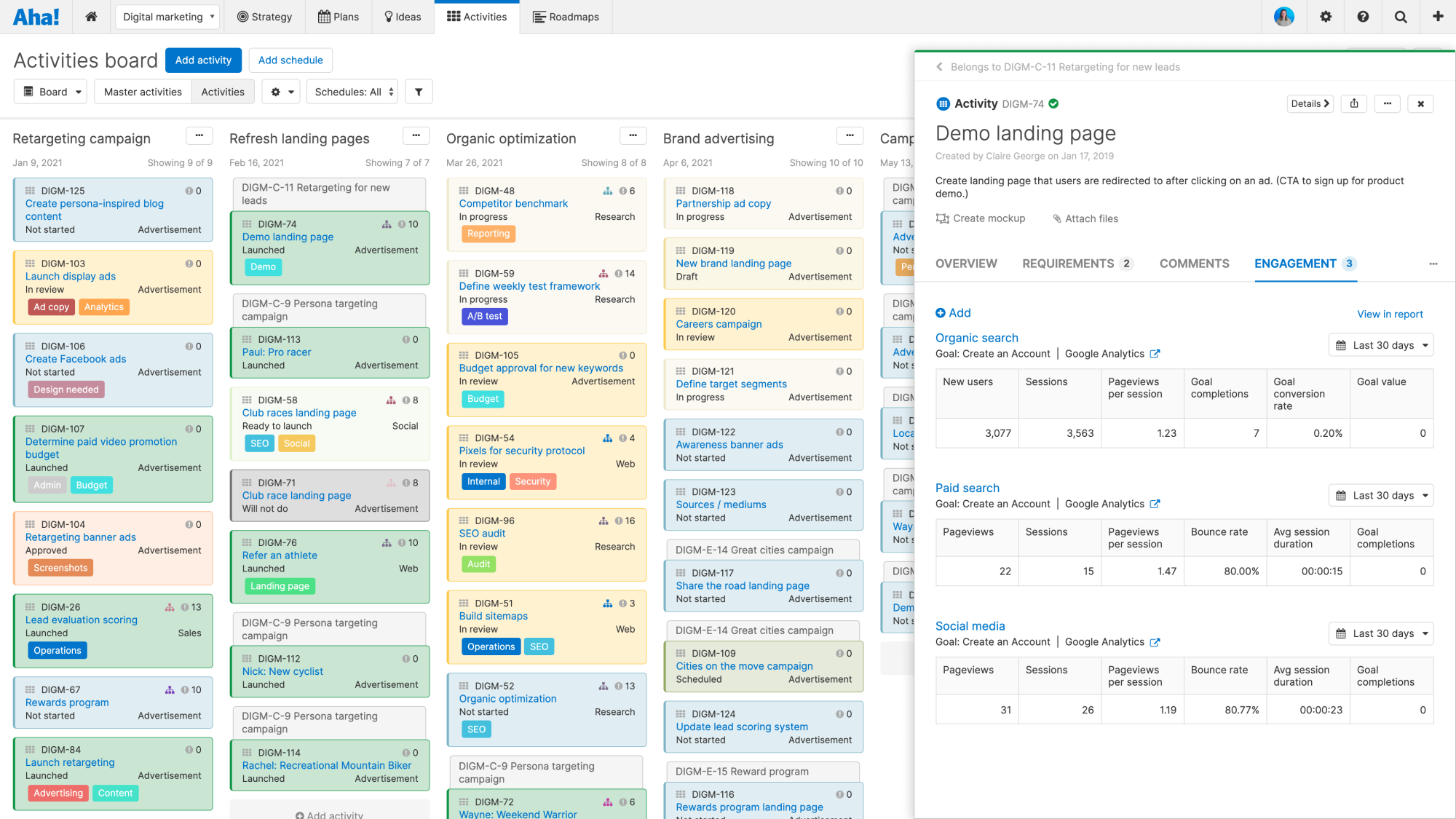 Features board with feature drawer and Google Analytics