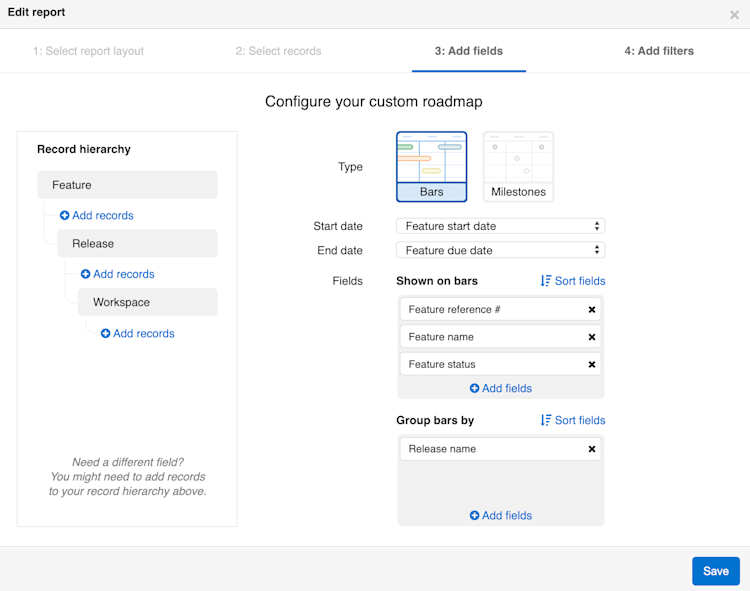 Add fields step of the custom roadmap report builder.