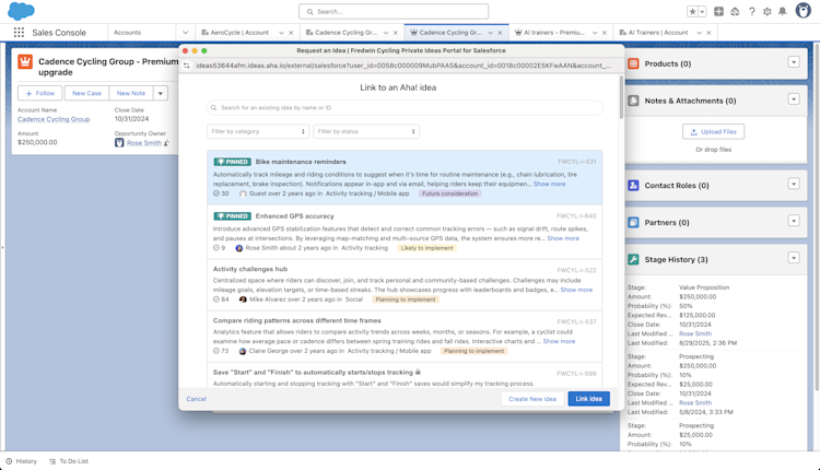 In Aha! Ideas, you can see valuable customer context synced to each idea — including the account name, type, and revenue potential.