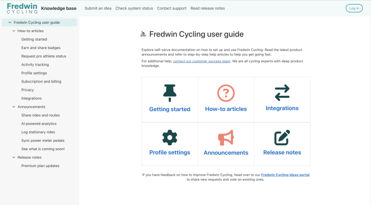 This is an example of a knowledge base created on Aha! software. It includes content that can help get users started with Fredwin Cycling: a fictitious workout-tracking app.