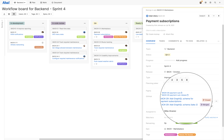 Any branch or pull request that includes the Aha! reference number in its name will be linked to that record in Aha! Develop.