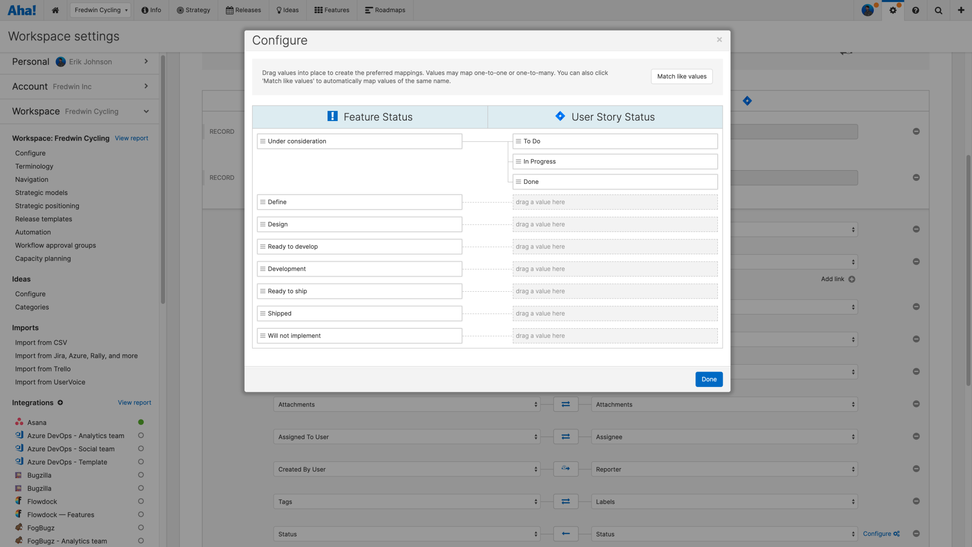 Jira 2.0 integration configuration on the Mappings step with the status mapping modal open