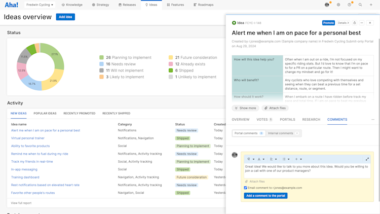 The ideas overview page with an idea open to portal comments. A comment shows with the email comment box selected