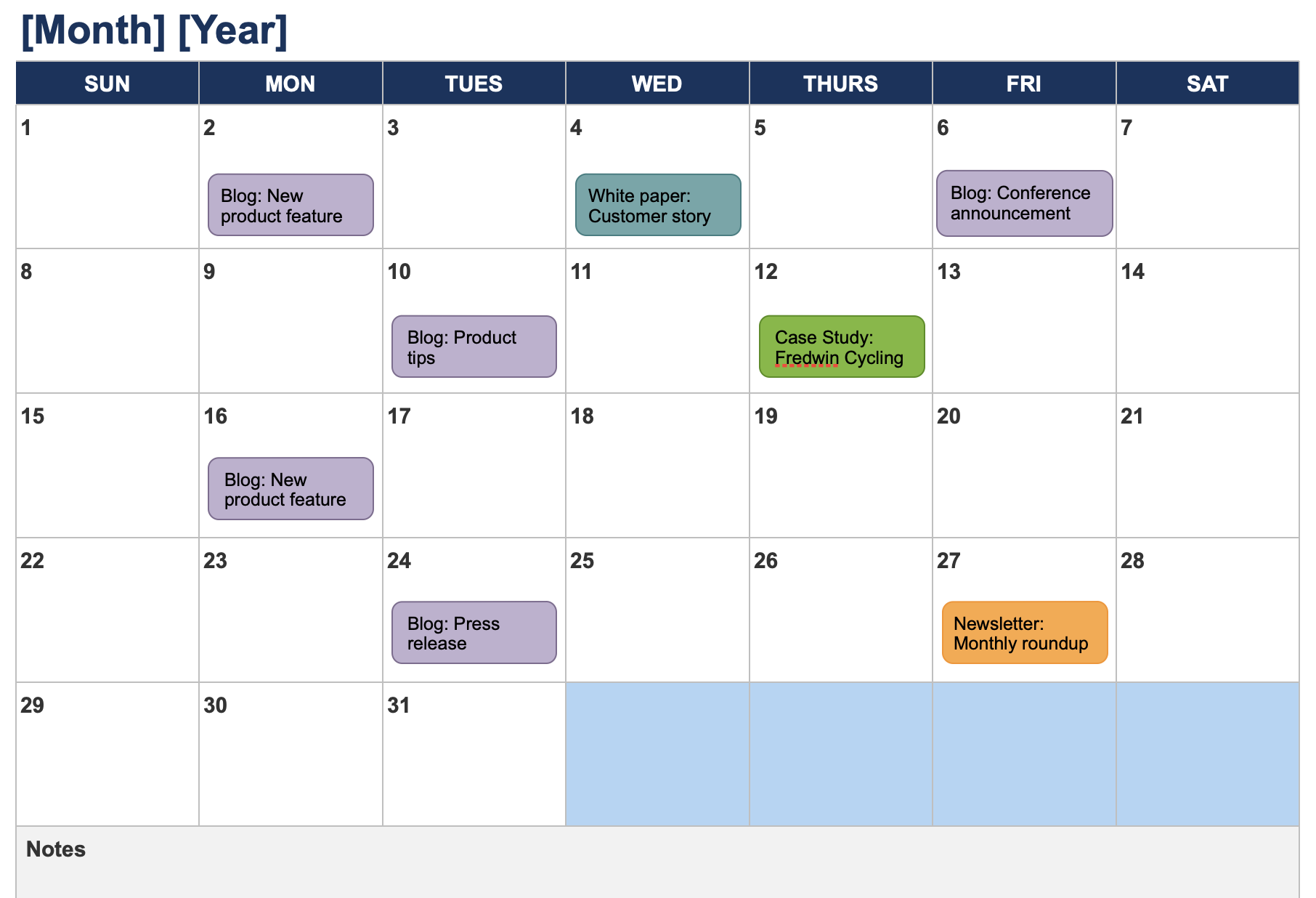 Content marketing calendar template