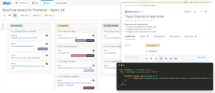 Feature drawer open in front of the workflow board in Aha! Develop, showing the code behind the planning poker extension.
