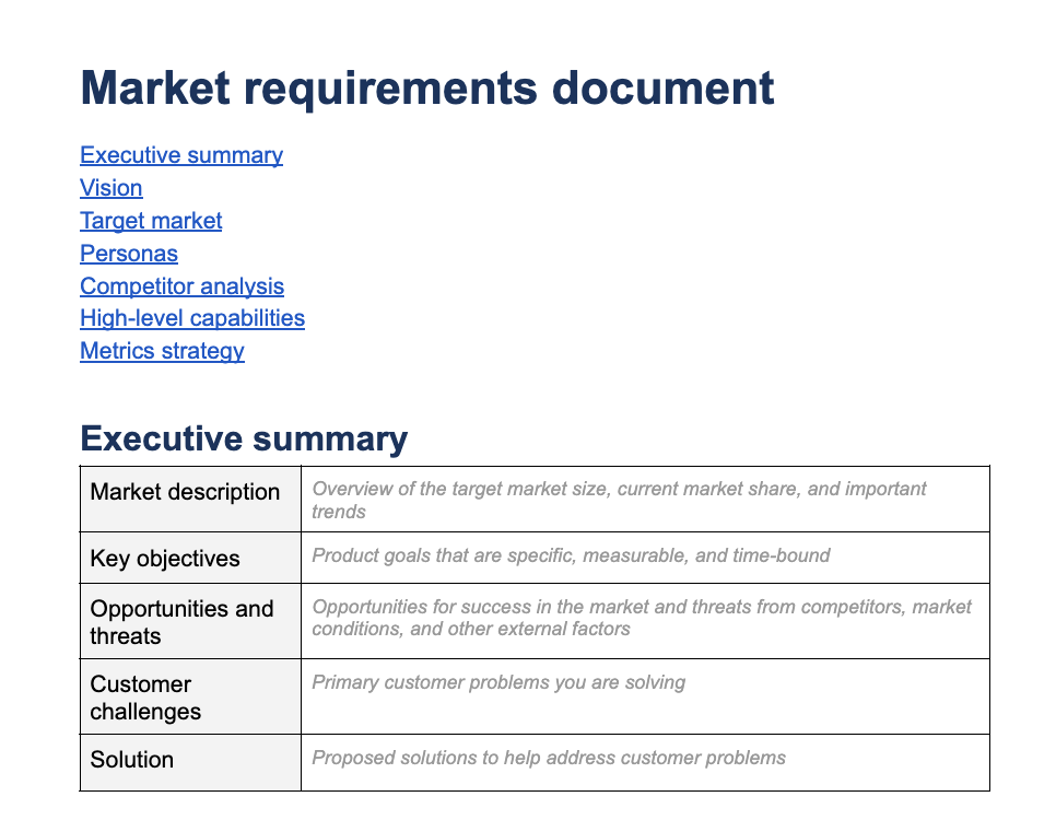 Market requirements document template