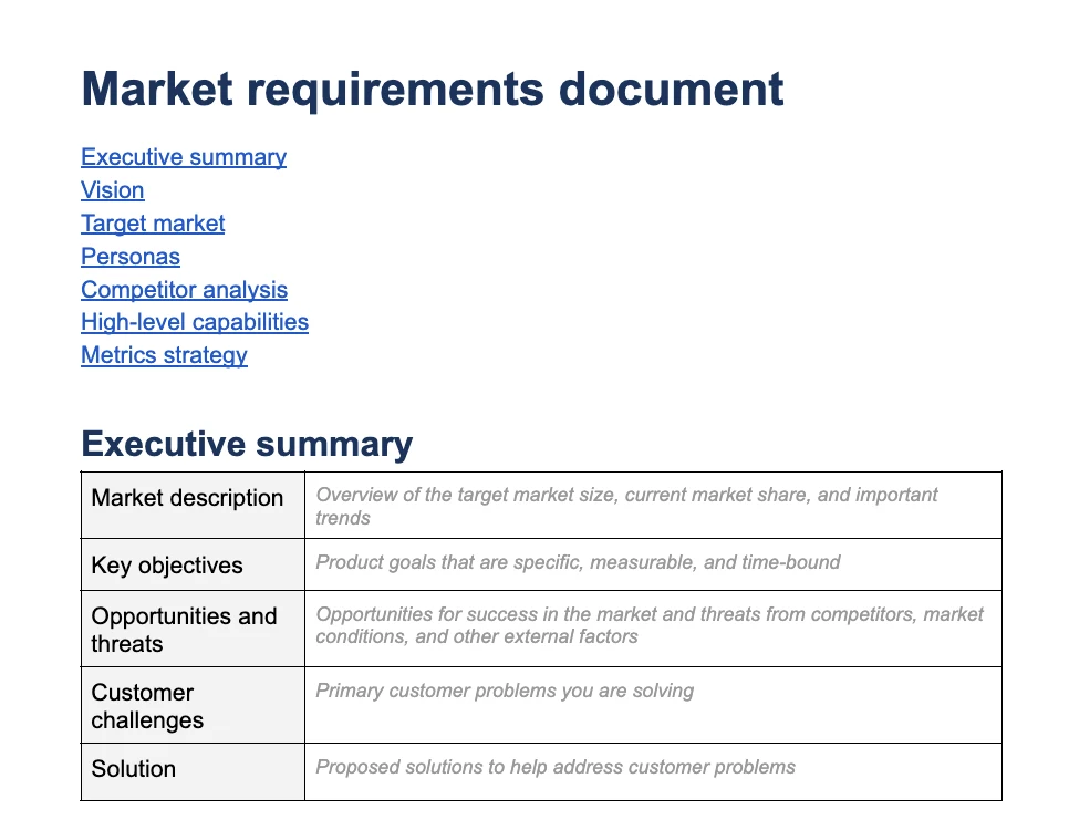 Market requirements document template