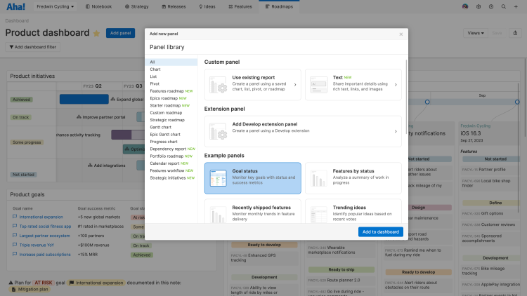 Add a new panel to a features overview dashboard in Aha! Roadmap