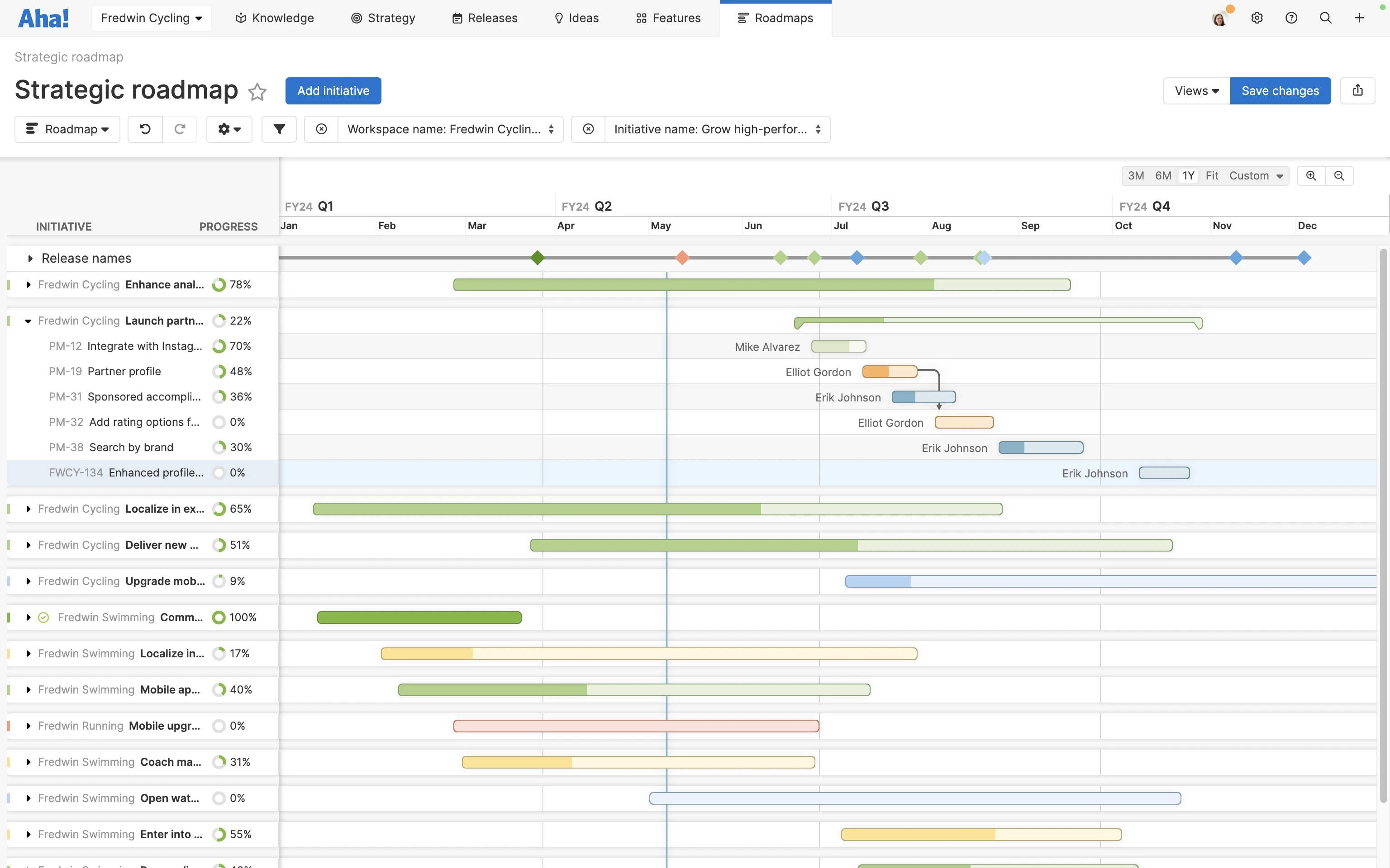 A strategic roadmap in Aha! software with shaded progress bars showing status and dependency lines