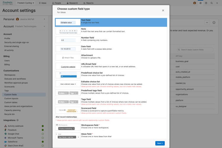 Choose custom field modal, with a list of available custom field types. 