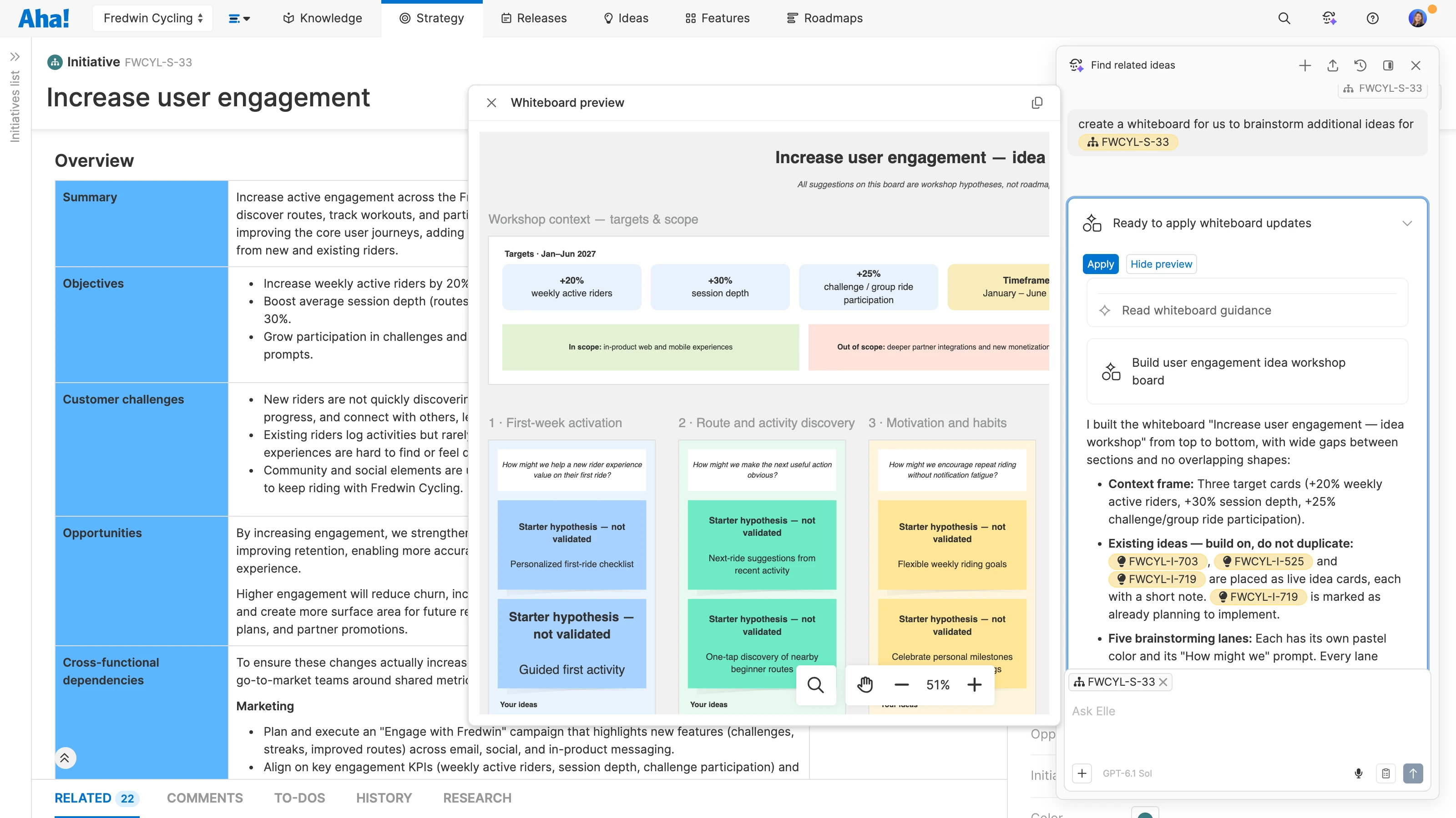 Elle, the Aha! AI assistant, generates a whiteboard for brainstorming ideas related to an initiative.