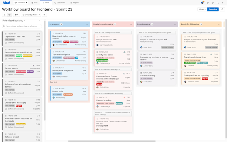 Team kanban board in Aha! Develop showing work in progress.