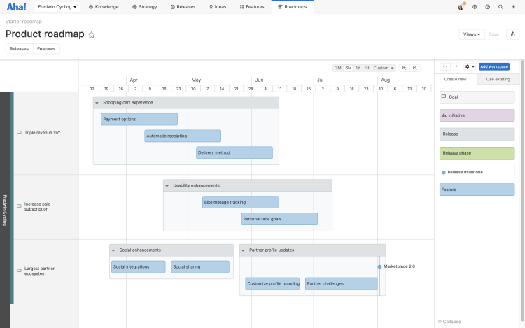 This is an example of a starter roadmap you can create with product data in Aha! software.