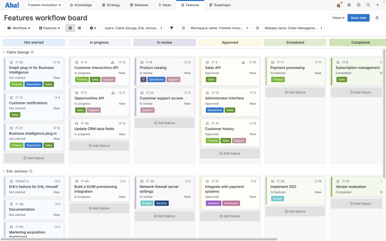 A kanban-style features workflow board in Aha! software