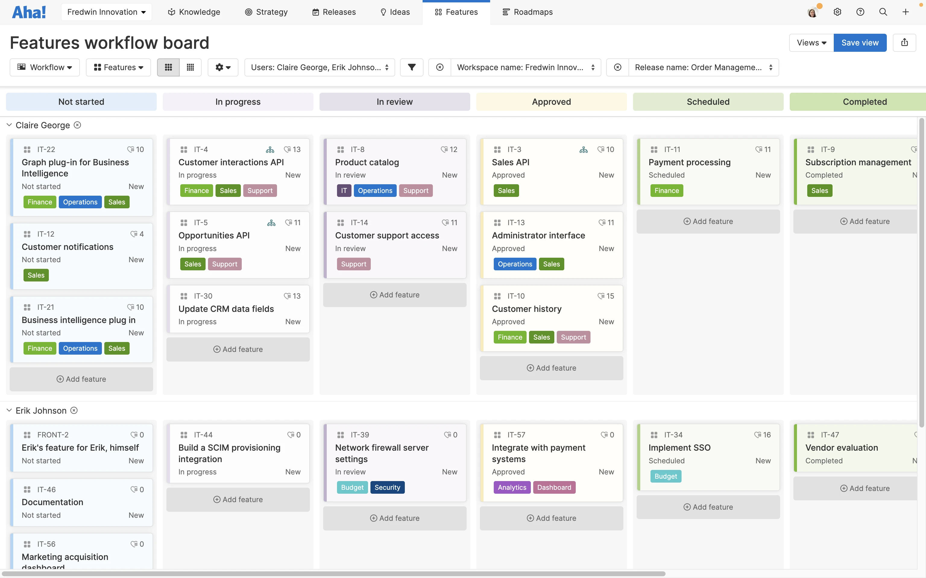 A kanban-style features workflow board in Aha! software