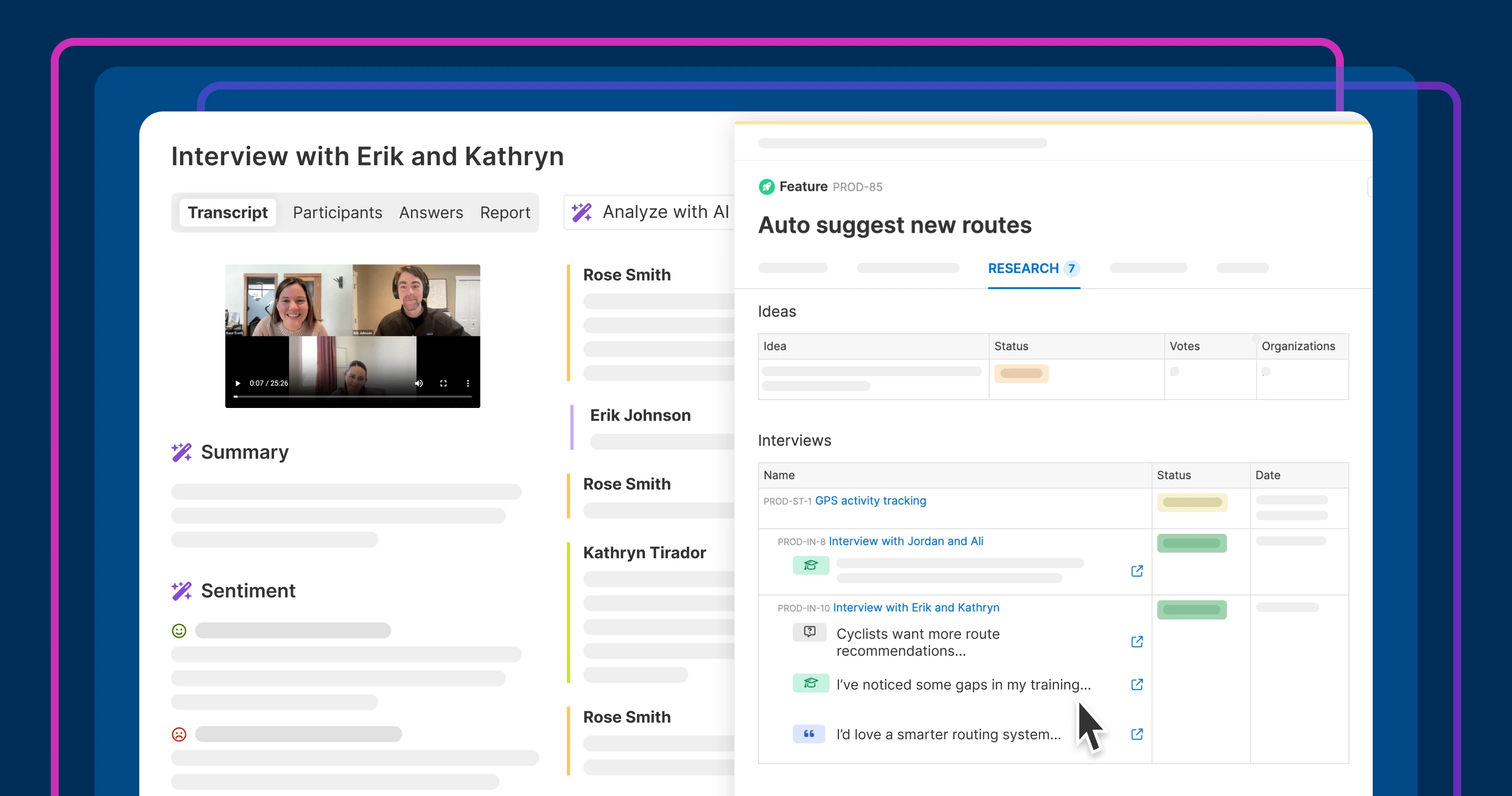 A thumbnail image of an interview in Discovery with an Aha! Roadmaps feature open