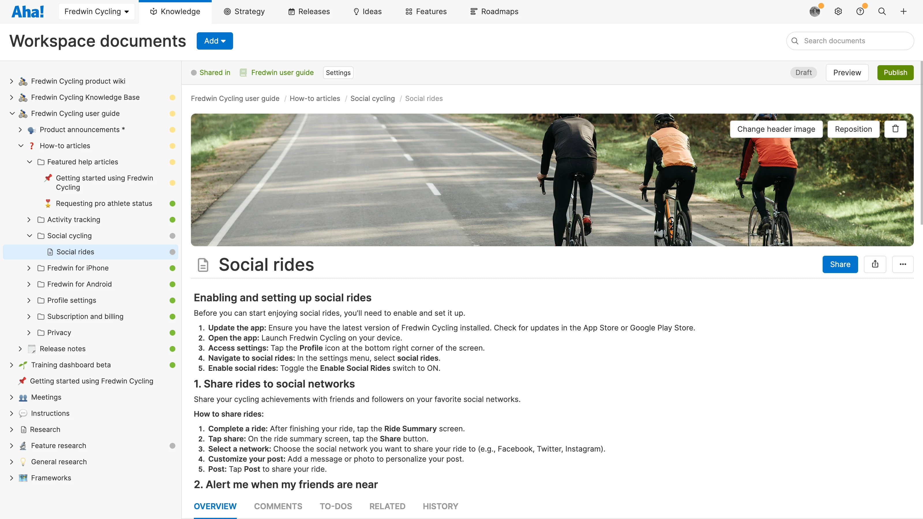 a document in Aha! Roadmaps with a header image of people riding bicycles