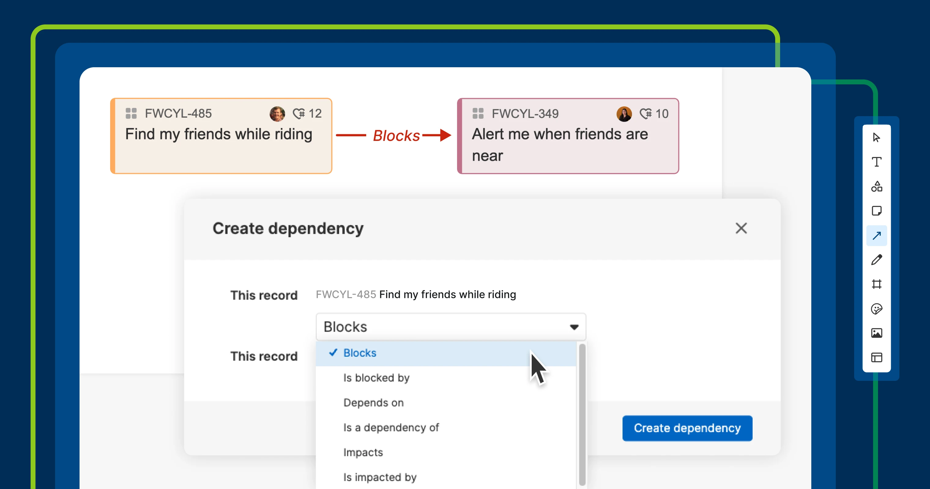 a whiteboard with two connected records that are being linked by a blocks relationship in a create dependency window