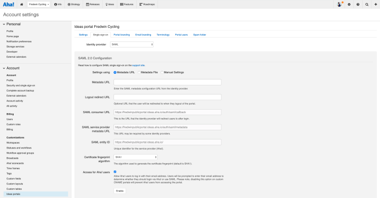 Configure single sign-on in your ideas portal. 